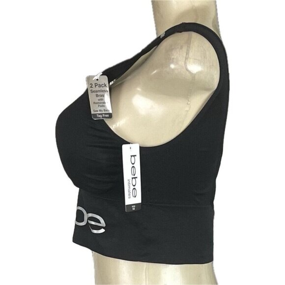Bebe +2X Black-White Logo Double Back Straps Removable Pads Seamless Bras-2-Pk - Picture 8 of 10
